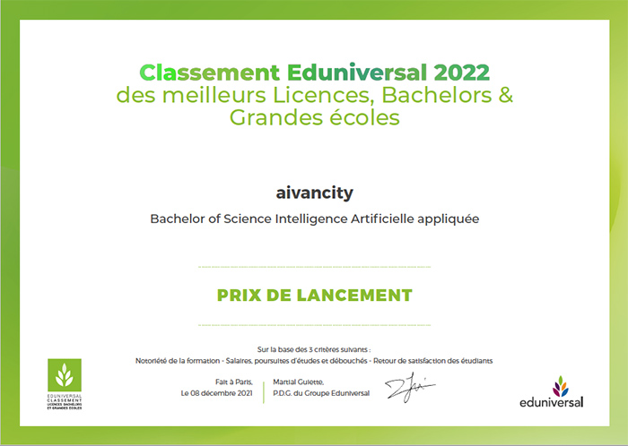 Le Programme Grande Ecole d’aivancity remporte le prix de lancement Eduniversal 2022